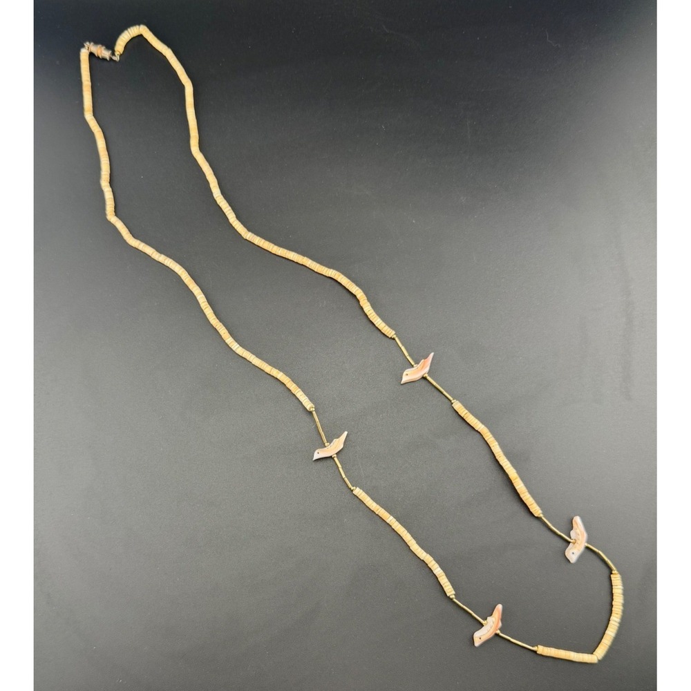 Bird Fetish Heishe Necklace 32in Cream Pink Shell Southwestern Boho Zuni Style